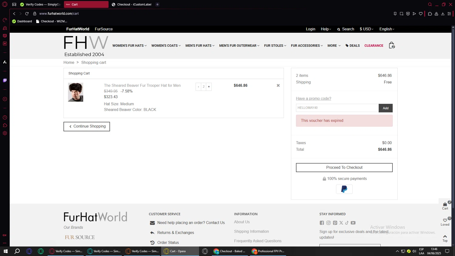 Fur Hat World promo code screenshot showing code HELLOMAY40 applied at Fur Hat World checkout page. Uploaded by SimplyCodes community member lilfeli on Jun 4, 2025