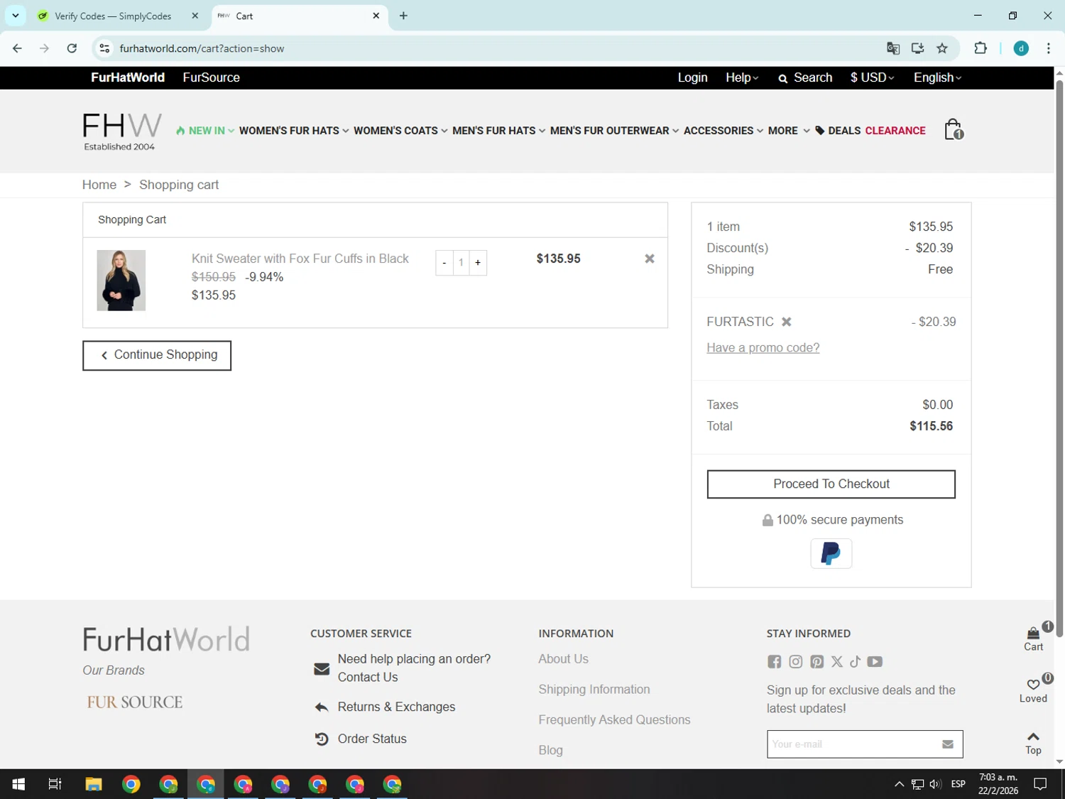 Fur Hat World checkout page showing Fur Hat World promo code box | Screenshot taken by SimplyCodes community member on Feb 22, 2026