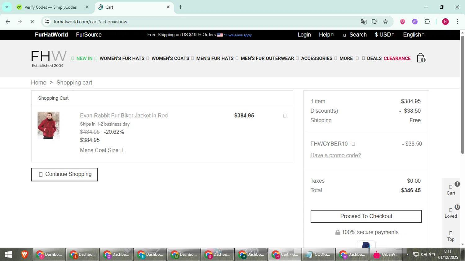Fur Hat World checkout page showing Fur Hat World promo code box | Screenshot taken by SimplyCodes community member on Dec 1, 2025