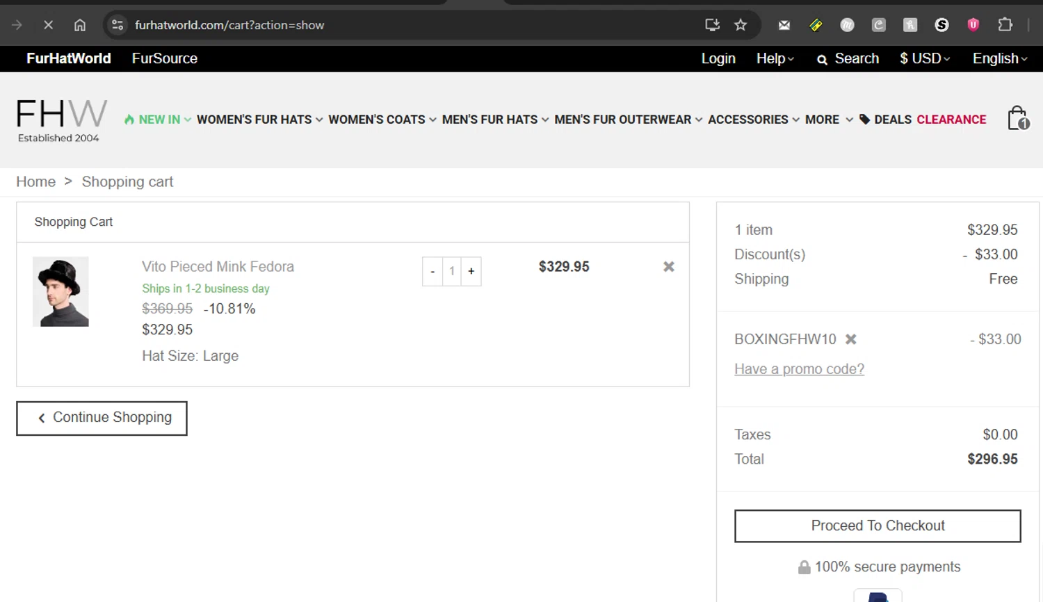 Fur Hat World promo code screenshot showing code BOXINGFHW10 applied at Fur Hat World checkout page. Uploaded by SimplyCodes community member couponcheck02 on Dec 23, 2025