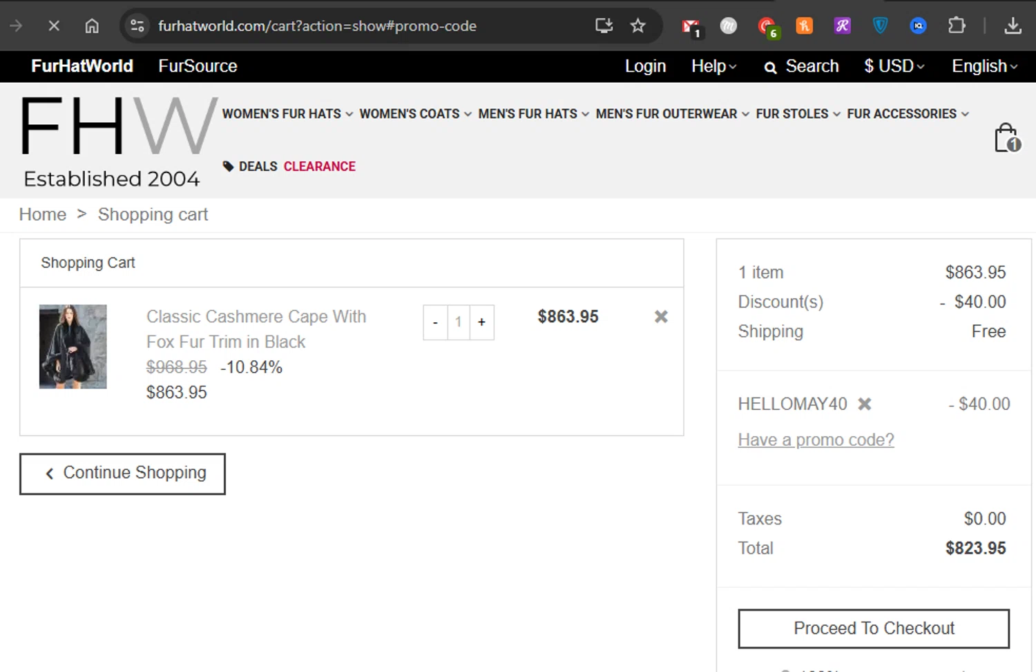 Fur Hat World promo code screenshot showing code HELLOMAY40 applied at Fur Hat World checkout page. Uploaded by SimplyCodes community member couponcheck02 on May 6, 2025