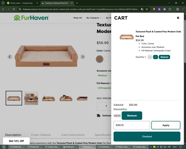 FurHaven Pet Products checkout page showing FurHaven Pet Products promo code box | Screenshot taken by SimplyCodes community member on Jul 31, 2025