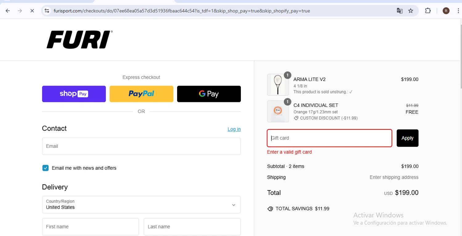 Furi Sport promo code screenshot showing code WELCOME10 applied at Furi Sport checkout page. Uploaded by SimplyCodes community member zurdita on Feb 4, 2025