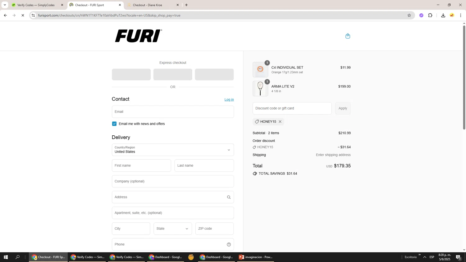 Furi Sport promo code screenshot showing code HONEY15 applied at Furi Sport checkout page. Uploaded by SimplyCodes community member Richard251 on Aug 6, 2025