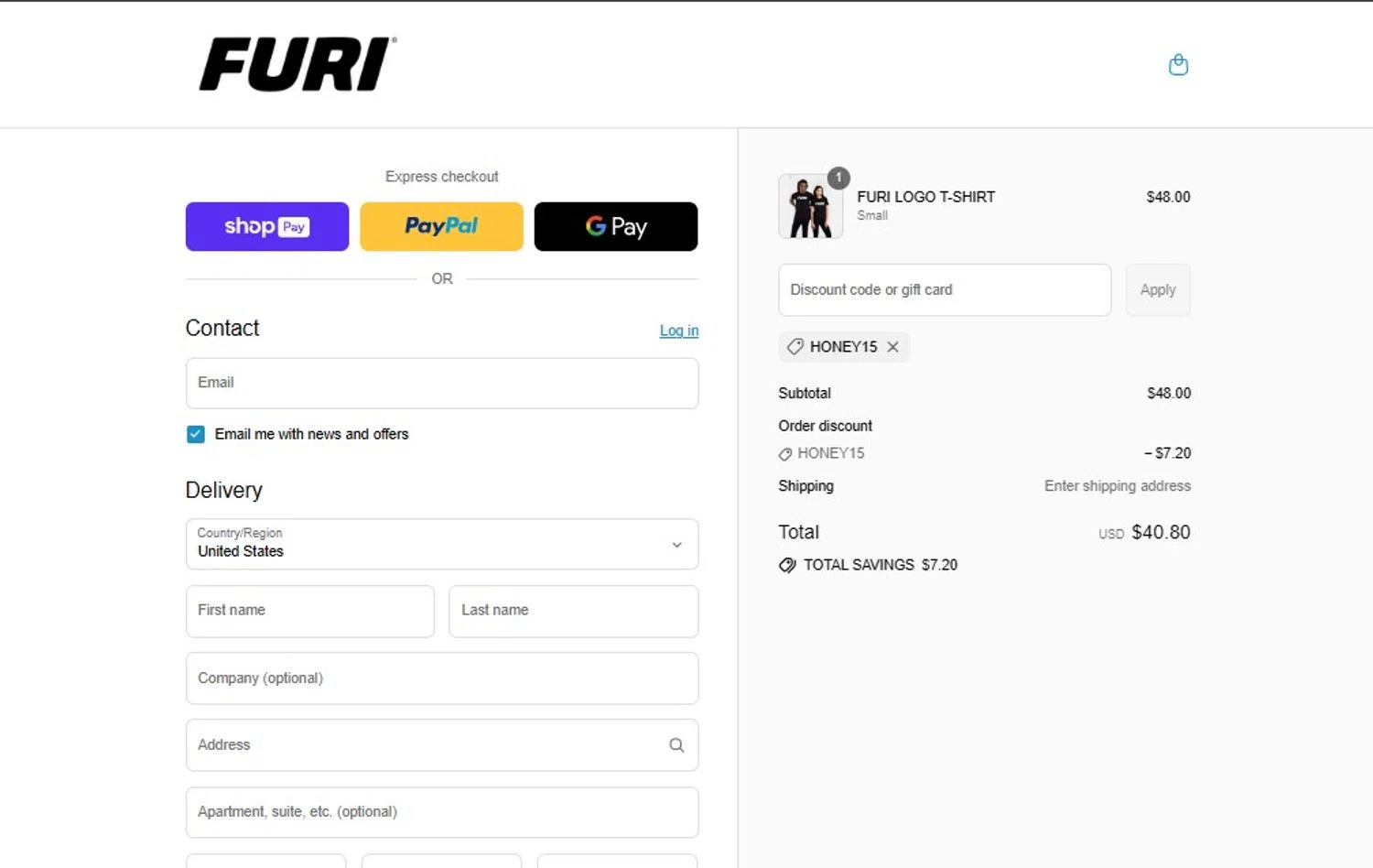 Furi Sport promo code screenshot showing code HONEY15 applied at Furi Sport checkout page. Uploaded by SimplyCodes community member LUAR777 on Aug 27, 2025