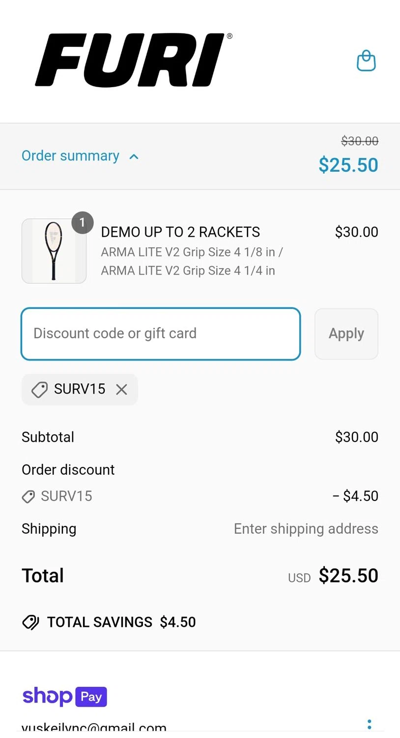 Furi Sport promo code screenshot showing code SURV15 applied at Furi Sport checkout page. Uploaded by SimplyCodes community member Ronald13 on Apr 20, 2025