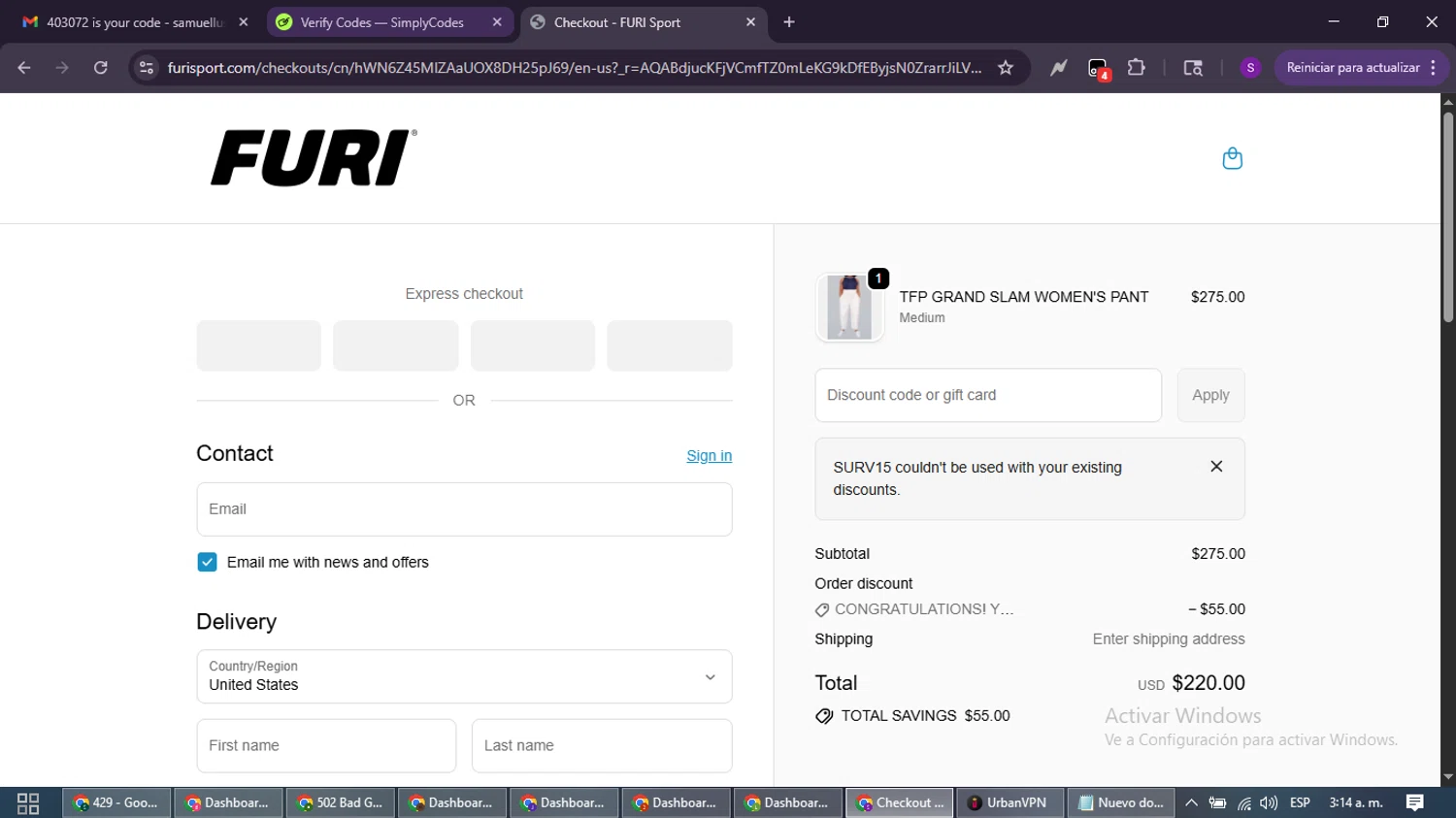 Furi Sport promo code screenshot showing code SURV15 applied at Furi Sport checkout page. Uploaded by SimplyCodes community member ShieldWarden7838 on Dec 18, 2025