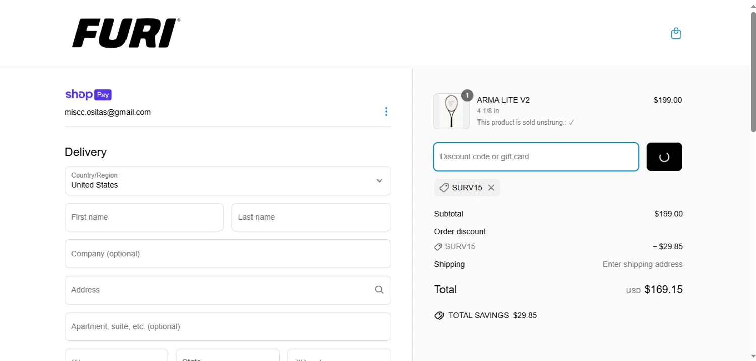 Furi Sport promo code screenshot showing code SURV15 applied at Furi Sport checkout page. Uploaded by SimplyCodes community member negrita on Apr 20, 2025