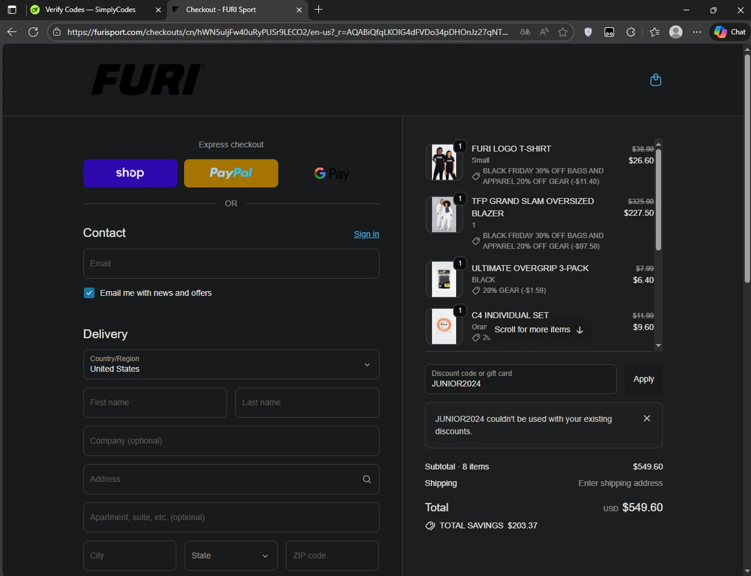 Furi Sport promo code screenshot showing code JUNIOR2024 applied at Furi Sport checkout page. Uploaded by SimplyCodes community member CoinRanger3407 on Nov 30, 2025