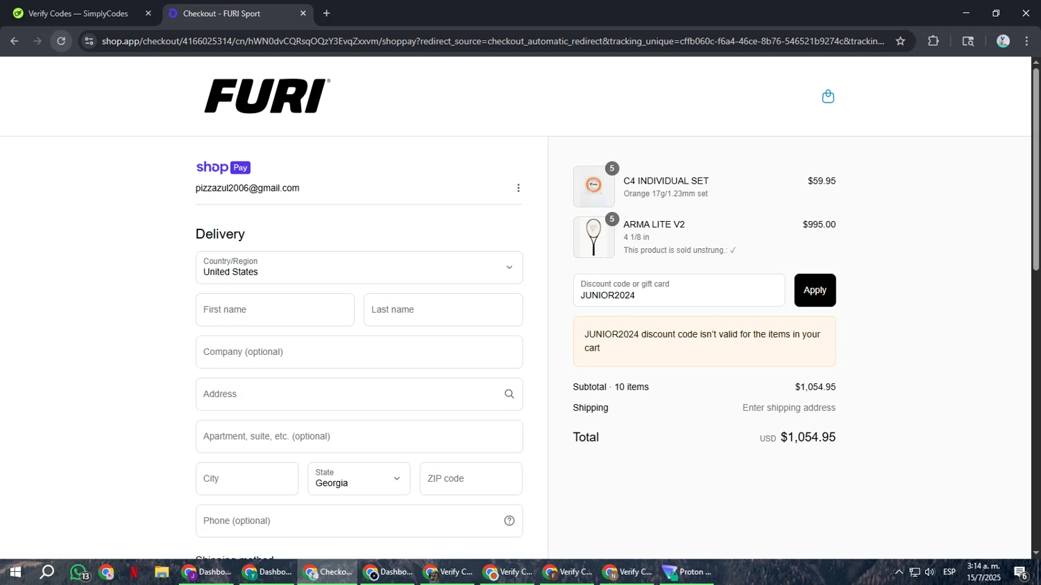 Furi Sport promo code screenshot showing code JUNIOR2024 applied at Furi Sport checkout page. Uploaded by SimplyCodes community member ShrewdSeeker6165 on Jul 15, 2025