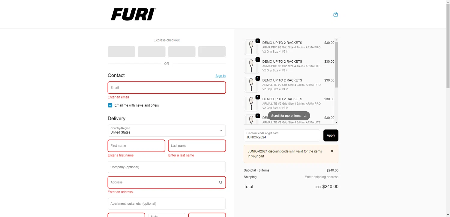 Furi Sport promo code screenshot showing code JUNIOR2024 applied at Furi Sport checkout page. Uploaded by SimplyCodes community member SilverChaser3269 on Oct 24, 2025