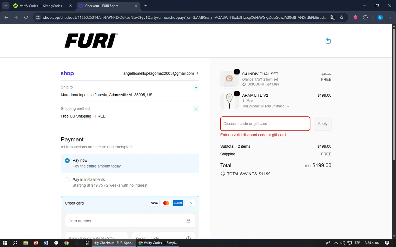 Furi Sport promo code screenshot showing code FALLBACK20 applied at Furi Sport checkout page. Uploaded by SimplyCodes community member bilijr on Nov 4, 2025