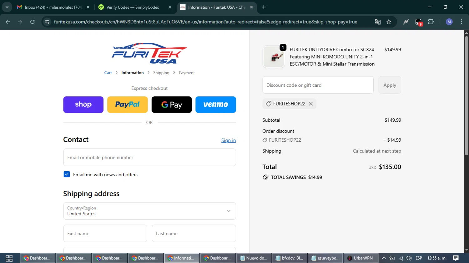 Furitek USA discount code screenshot showing code FURITESHOP22 applied at Furitek USA checkout page. Uploaded by SimplyCodes community member PrimeFox5260 on Sep 20, 2025