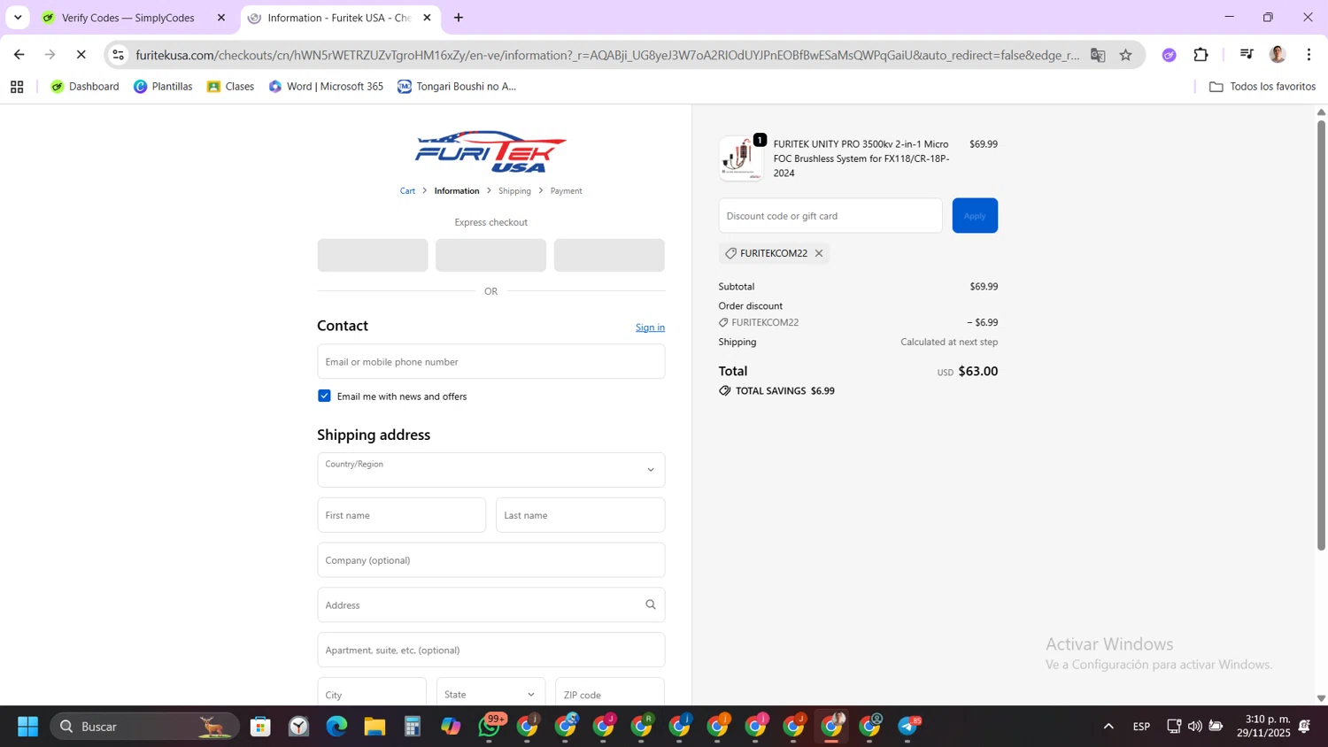 Furitek USA discount code screenshot showing code FURITEKCOM22 applied at Furitek USA checkout page. Uploaded by SimplyCodes community member FernandoLetex on Nov 29, 2025