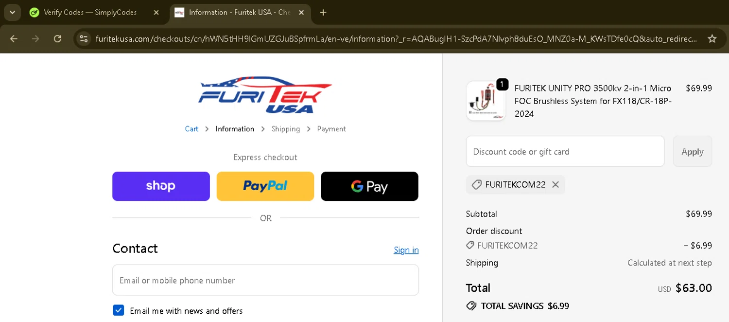 Furitek USA discount code screenshot showing code FURITEKCOM22 applied at Furitek USA checkout page. Uploaded by SimplyCodes community member ManTheWeed on Nov 30, 2025