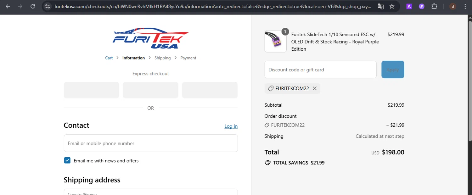 Furitek USA discount code screenshot showing code FURITEKCOM22 applied at Furitek USA checkout page. Uploaded by SimplyCodes community member VoucherSpotter9376 on Jul 23, 2025