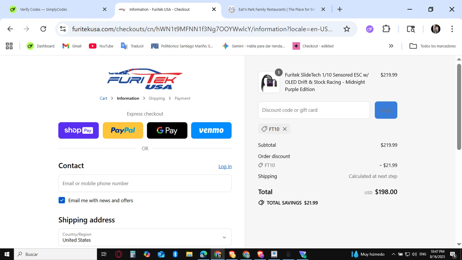 Furitek USA discount code screenshot showing code FT10 applied at Furitek USA checkout page. Uploaded by SimplyCodes community member KataldoMustafack on Aug 17, 2025