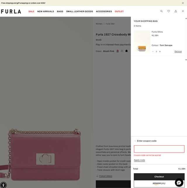 Furla checkout page showing Furla coupon code box | Screenshot taken by SimplyCodes community member on Aug 13, 2025