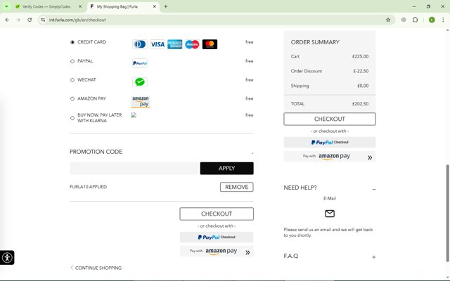 Furla checkout page showing Furla coupon code box | Screenshot taken by SimplyCodes community member on Mar 23, 2025