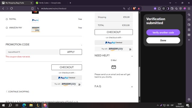 Furla checkout page showing Furla coupon code box | Screenshot taken by SimplyCodes community member on May 10, 2025
