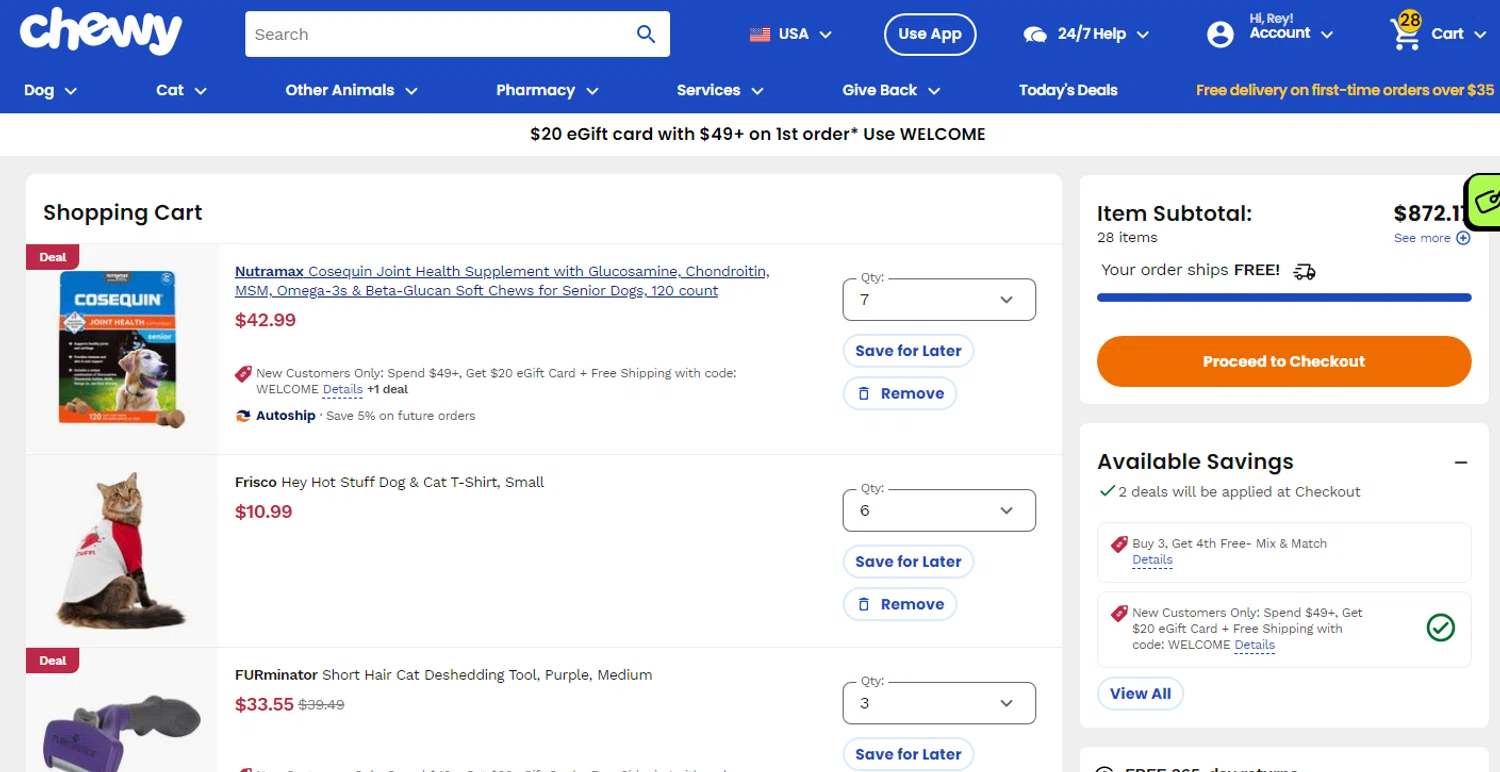 FURminator promo code screenshot showing code WELCOME applied at FURminator checkout page. Uploaded by SimplyCodes community member yeresojperez on Apr 2, 2025