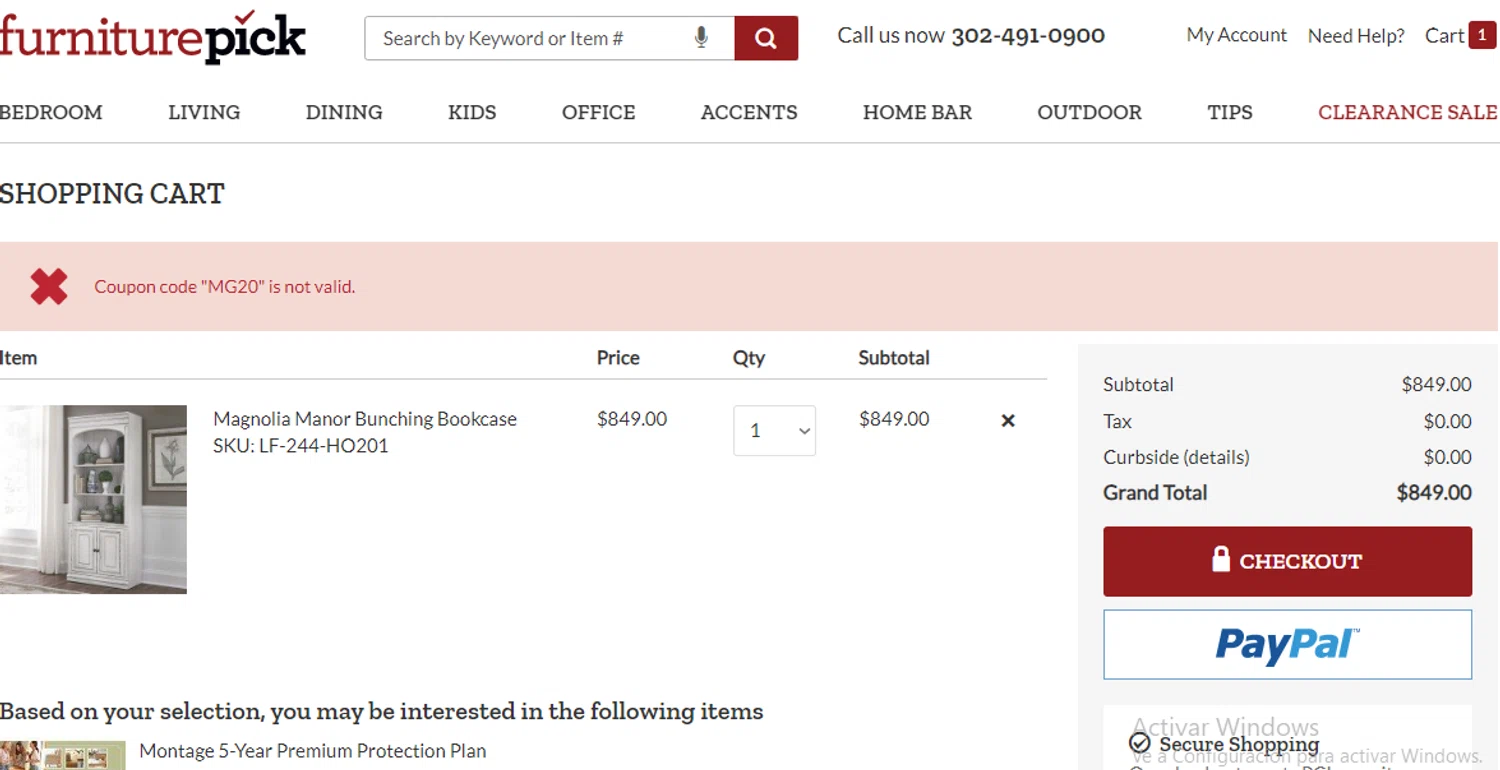 FurniturePick coupon code screenshot showing code MG20 applied at FurniturePick checkout page. Uploaded by SimplyCodes community member ligthYA on Dec 29, 2024