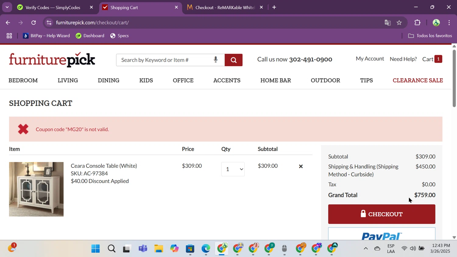 FurniturePick coupon code screenshot showing code MG20 applied at FurniturePick checkout page. Uploaded by SimplyCodes community member jungrimar on Mar 26, 2025