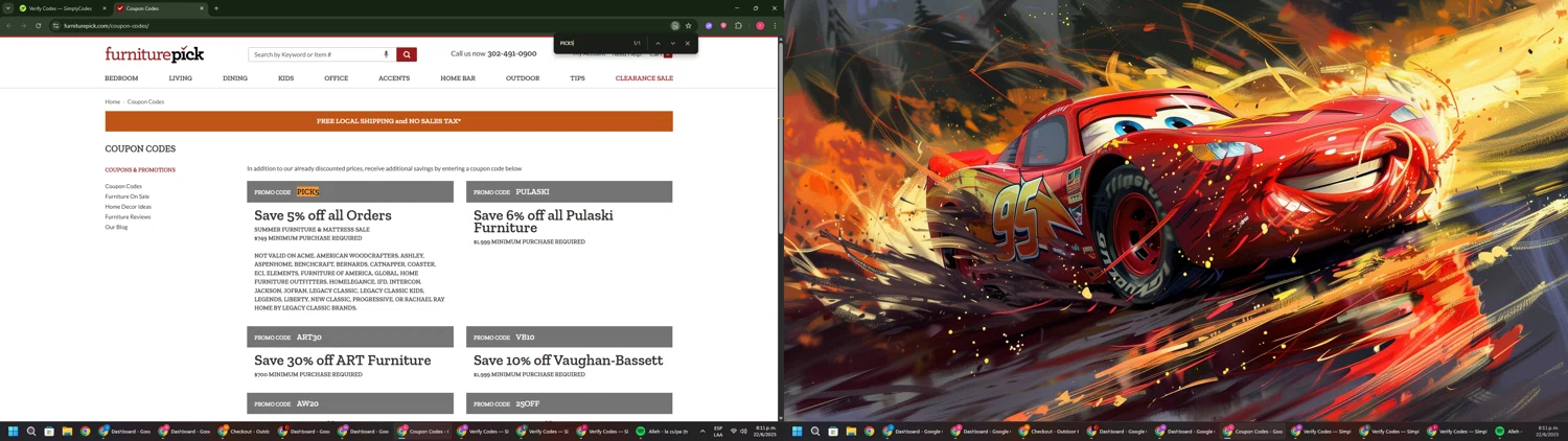 FurniturePick coupon code screenshot showing code PICK5 applied at FurniturePick checkout page. Uploaded by SimplyCodes community member CouponSage7331 on Jun 23, 2025