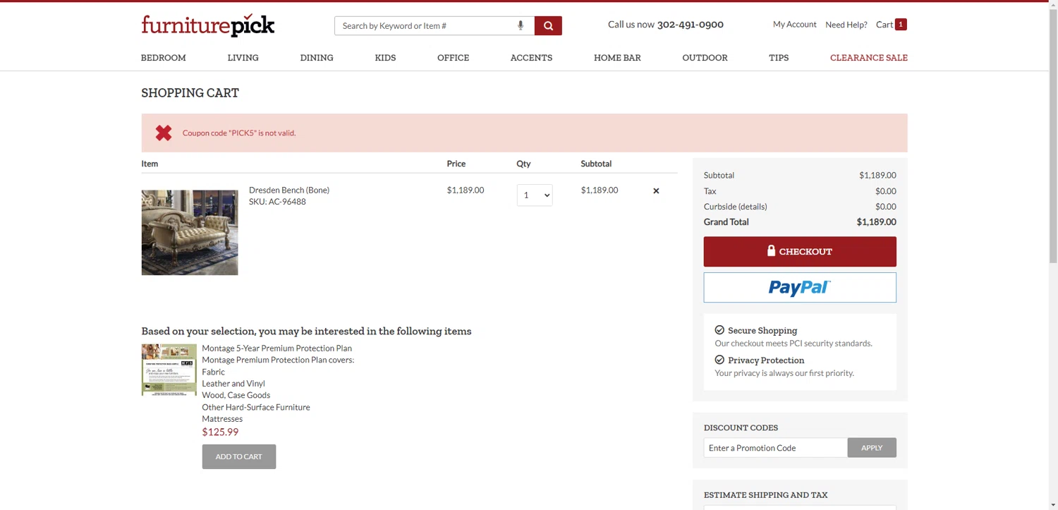 FurniturePick coupon code screenshot showing code PICK5 applied at FurniturePick checkout page. Uploaded by SimplyCodes community member DiscountWarden480 on Jun 22, 2025