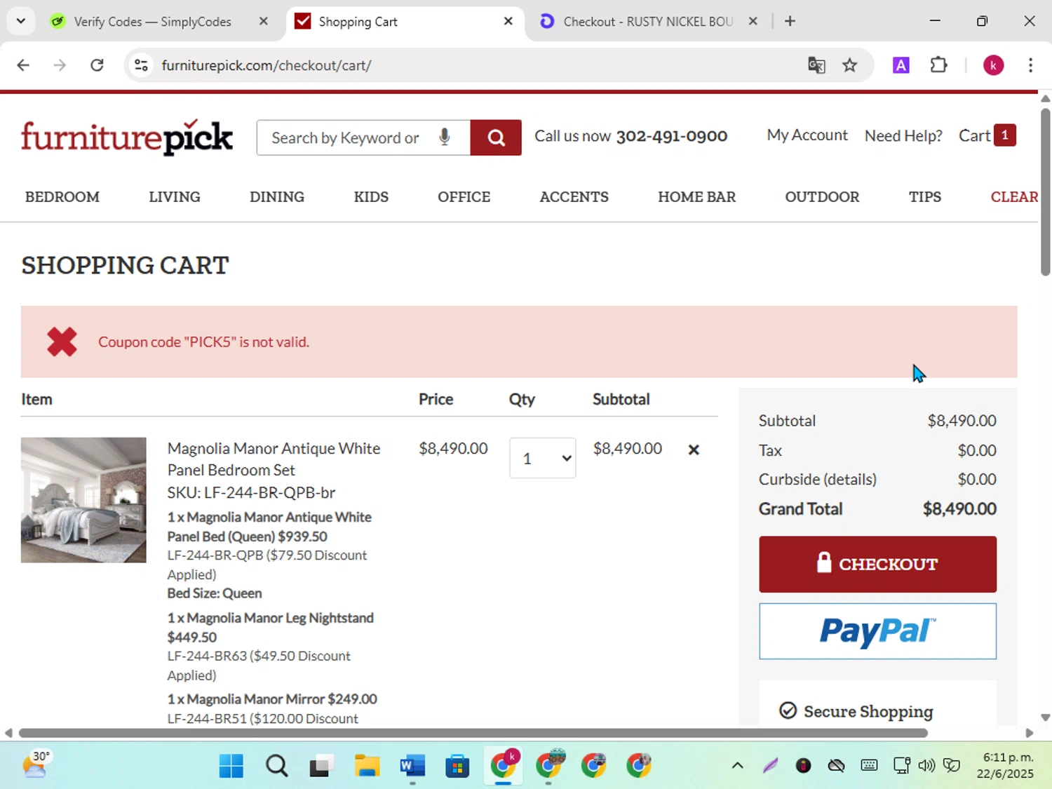 FurniturePick coupon code screenshot showing code PICK5 applied at FurniturePick checkout page. Uploaded by SimplyCodes community member karoline on Jun 22, 2025