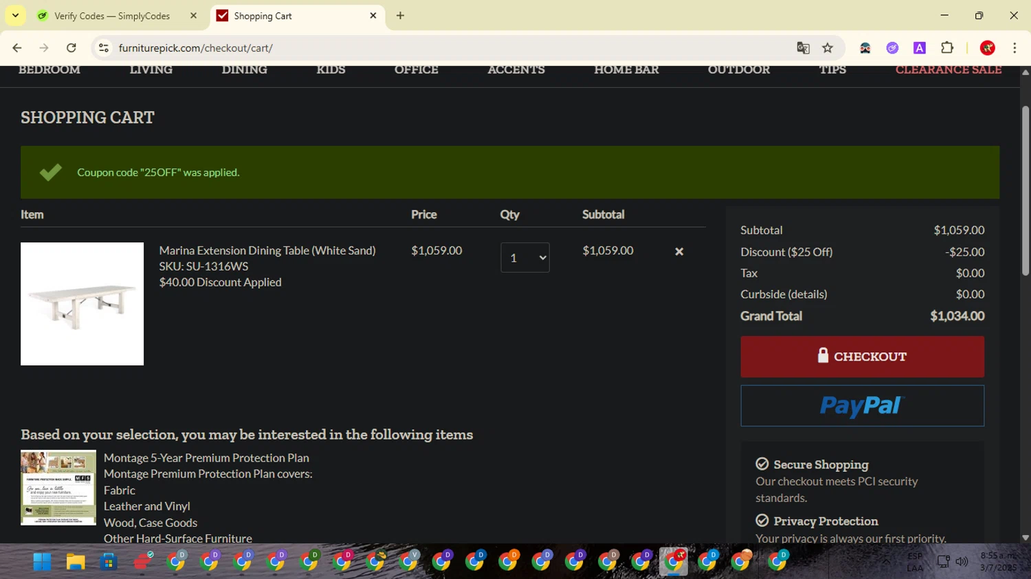 FurniturePick checkout page showing FurniturePick coupon code box | Screenshot taken by SimplyCodes community member on Jul 3, 2025