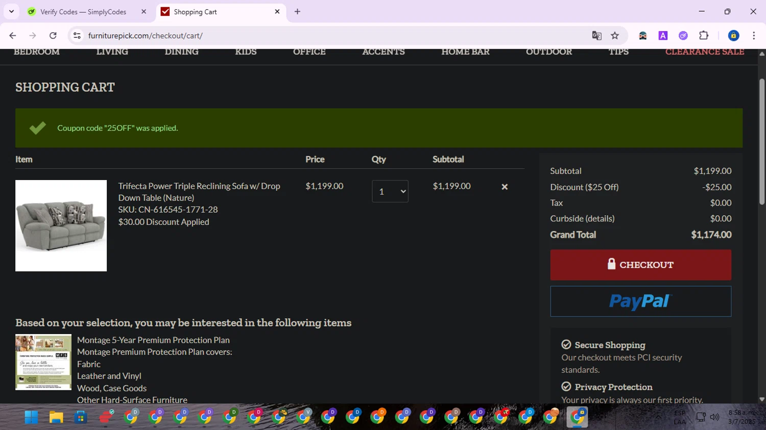 FurniturePick coupon code screenshot showing code 25OFF applied at FurniturePick checkout page. Uploaded by SimplyCodes community member SwiftWarden6832 on Jul 3, 2025