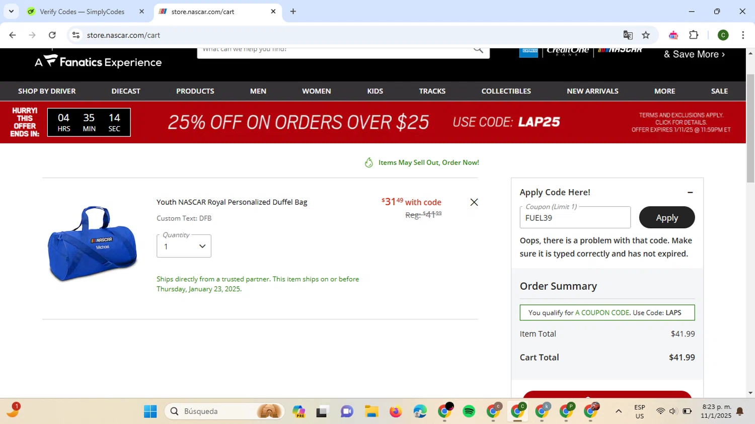 Furniture Row coupon code screenshot showing code fuel39 applied at Furniture Row checkout page. Uploaded by SimplyCodes community member VoucherBoss6971 on Jan 12, 2025