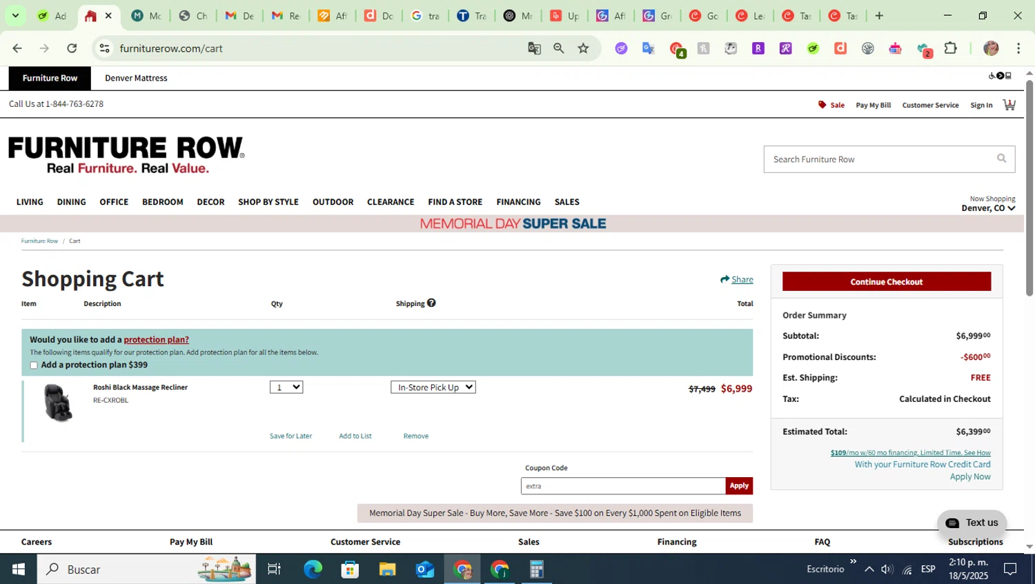 Furniture Row coupon code screenshot showing code memorial applied at Furniture Row checkout page. Uploaded by SimplyCodes community member diosbeidycolina on May 18, 2025