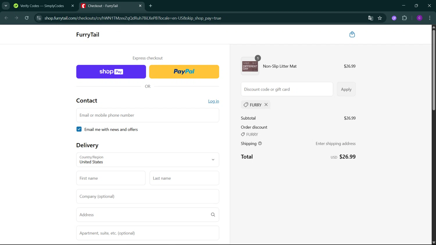 FurryTail discount code screenshot showing code FURRY applied at FurryTail checkout page. Uploaded by SimplyCodes community member GoldSeeker3096 on Aug 6, 2025