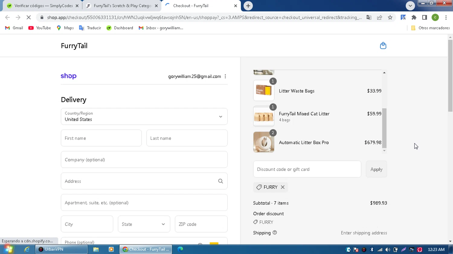 FurryTail discount code screenshot showing code FURRY applied at FurryTail checkout page. Uploaded by SimplyCodes community member MagnificentPilot8371 on Sep 13, 2025