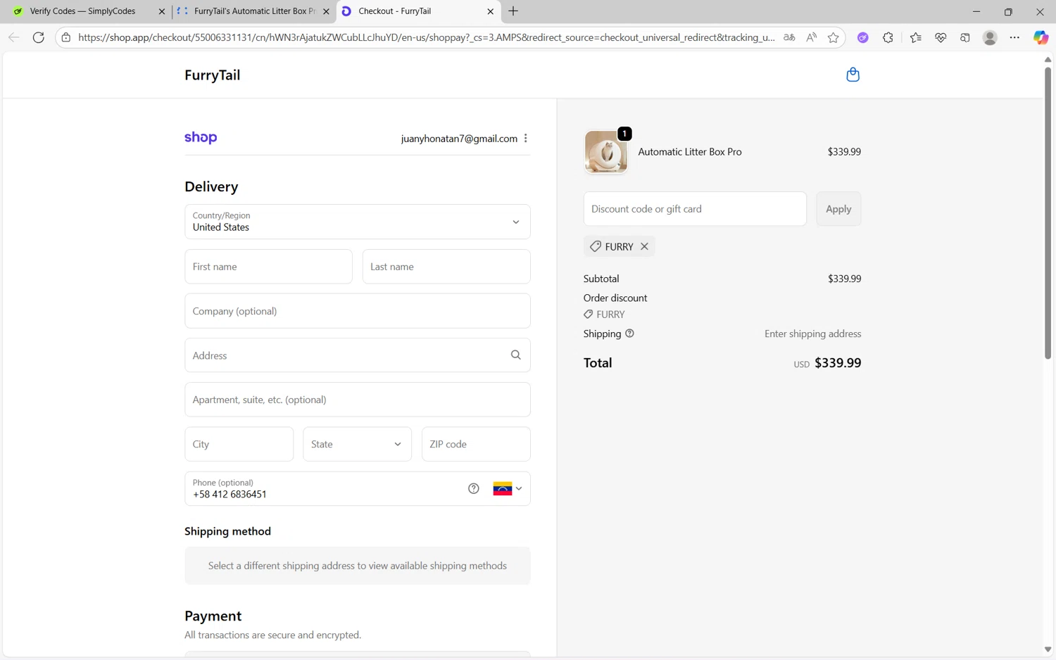 FurryTail discount code screenshot showing code FURRY applied at FurryTail checkout page. Uploaded by SimplyCodes community member juan1702 on Oct 7, 2025