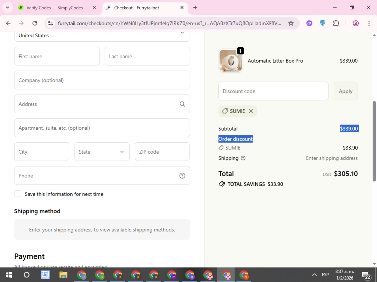FurryTail checkout page showing FurryTail discount code box | Screenshot taken by SimplyCodes community member on Feb 1, 2026