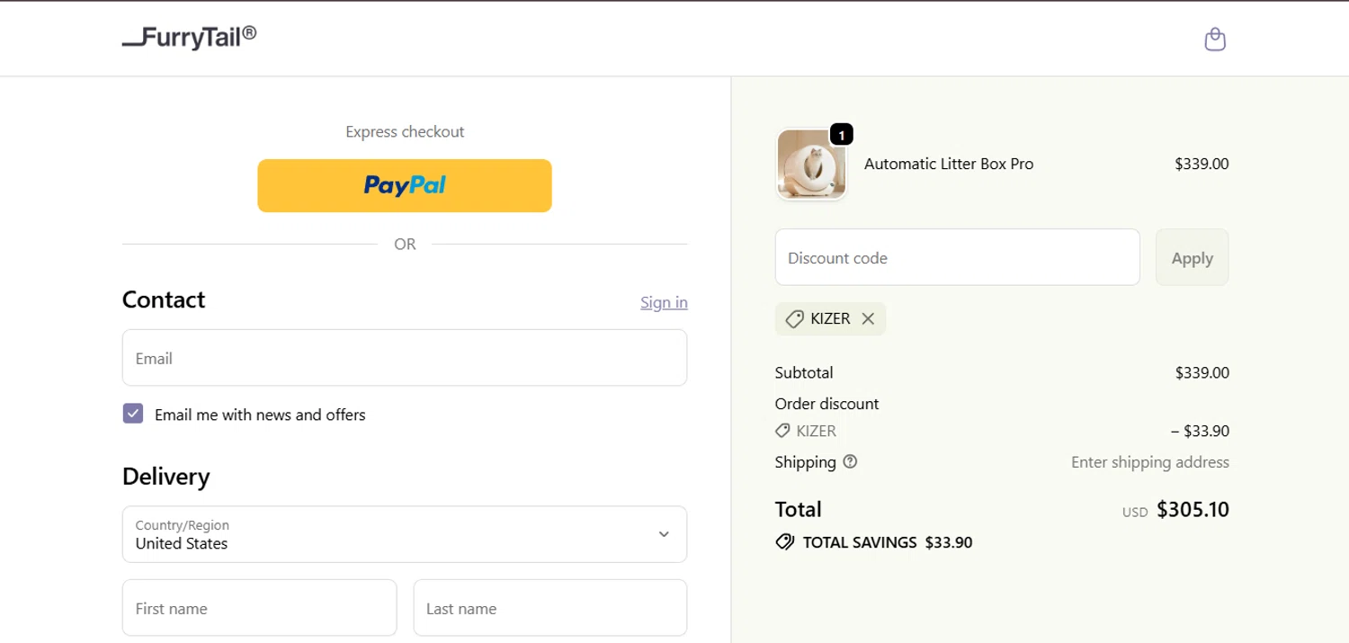 FurryTail checkout page showing FurryTail discount code box | Screenshot taken by SimplyCodes community member on Feb 6, 2026