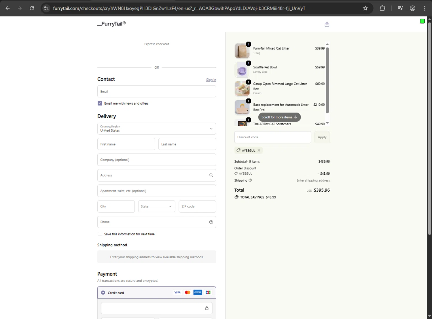 FurryTail discount code screenshot showing code AYSEGUL applied at FurryTail checkout page. Uploaded by SimplyCodes community member gokuyvegetta on Feb 1, 2026