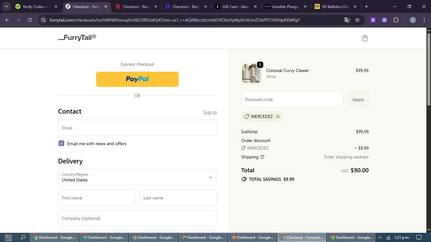FurryTail discount code screenshot showing code Mercedez applied at FurryTail checkout page. Uploaded by SimplyCodes community member MoneyFox4293 on Feb 1, 2026