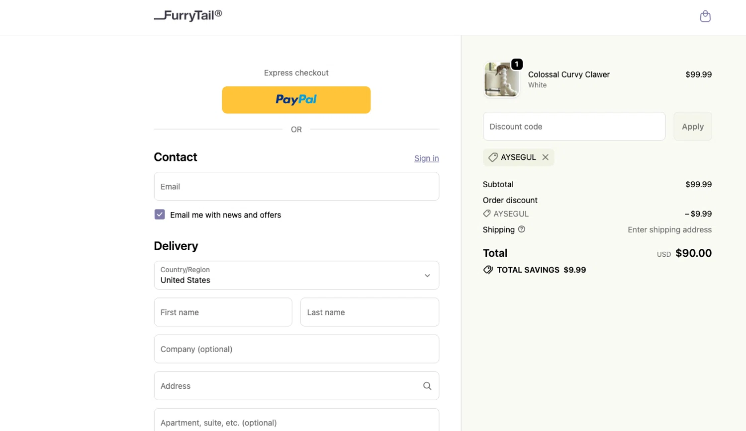 FurryTail discount code screenshot showing code AYSEGUL applied at FurryTail checkout page. Uploaded by SimplyCodes community member ELOIN777 on Jan 3, 2026