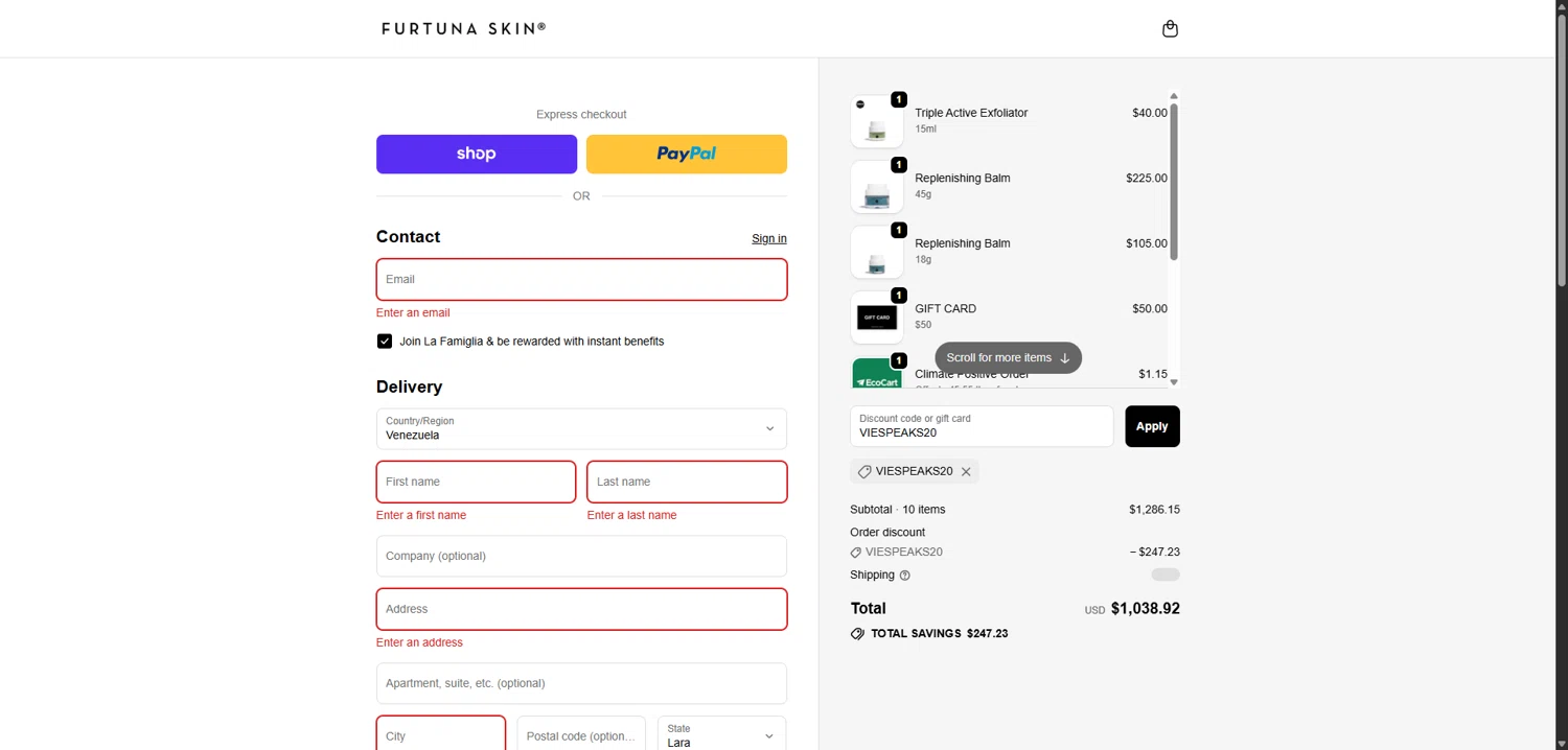 Furtuna Skin discount code screenshot showing code VIESPEAKS20 applied at Furtuna Skin checkout page. Uploaded by SimplyCodes community member FortunateElite6708 on Oct 21, 2025