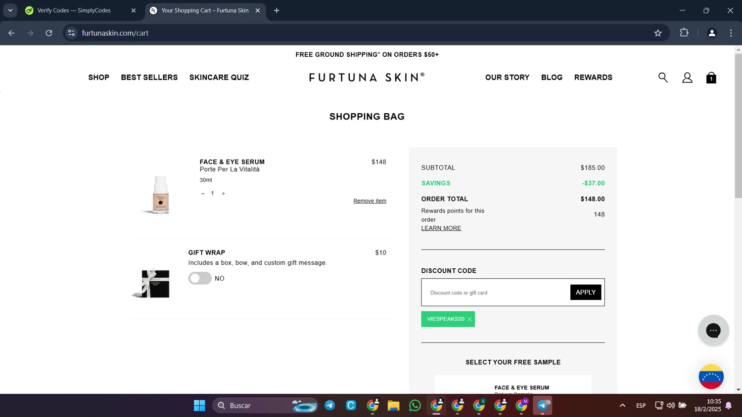 Furtuna Skin discount code screenshot showing code VIESPEAKS20 applied at Furtuna Skin checkout page. Uploaded by SimplyCodes community member CleverFalcon6244 on Feb 18, 2025