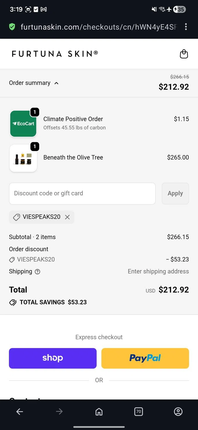 Furtuna Skin discount code screenshot showing code VIESPEAKS20 applied at Furtuna Skin checkout page. Uploaded by SimplyCodes community member guest_623525963 on Nov 6, 2025
