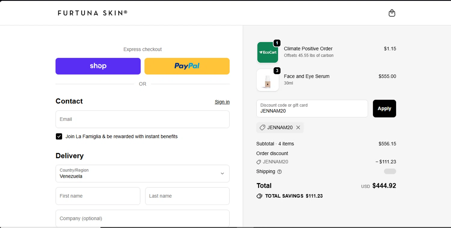 Furtuna Skin discount code screenshot showing code JENNAM20 applied at Furtuna Skin checkout page. Uploaded by SimplyCodes community member GoldSeeker7901 on Oct 25, 2025