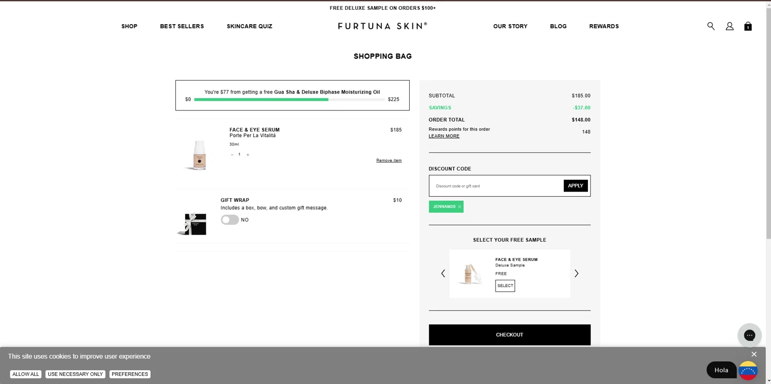 Furtuna Skin discount code screenshot showing code JENNAM20 applied at Furtuna Skin checkout page. Uploaded by SimplyCodes community member JAKEELDOG on Jan 20, 2025