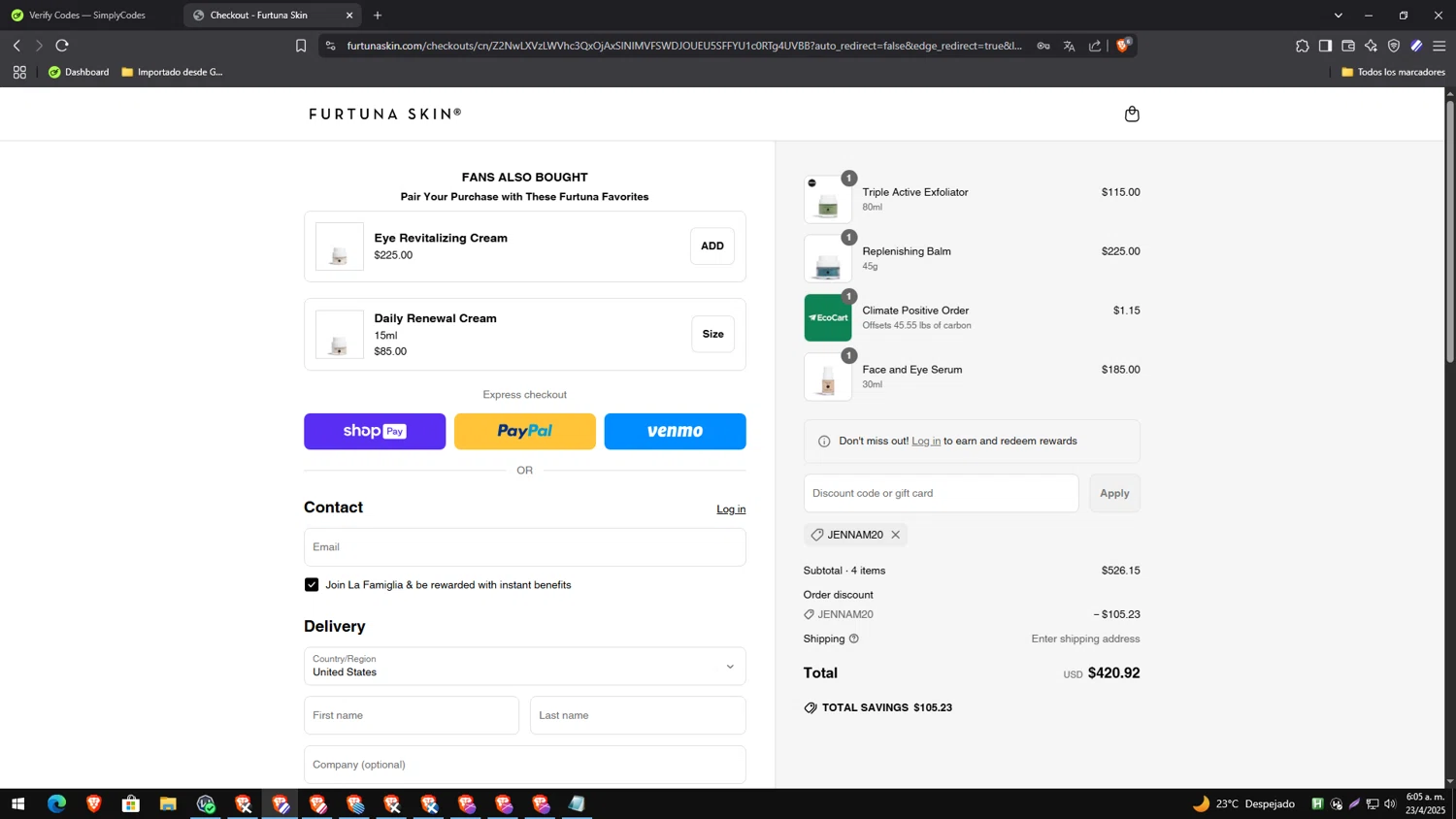 Furtuna Skin discount code screenshot showing code JENNAM20 applied at Furtuna Skin checkout page. Uploaded by SimplyCodes community member yesenia on Apr 23, 2025
