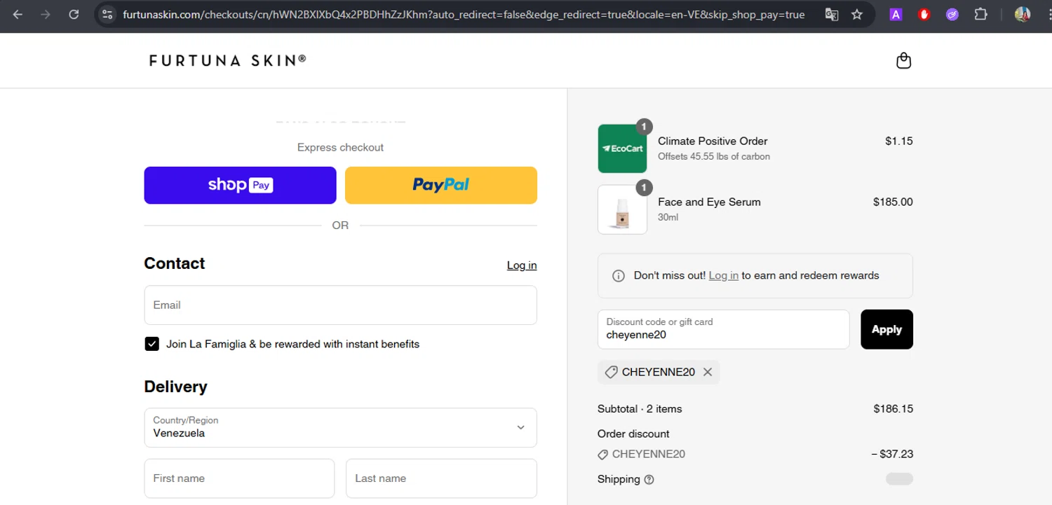 Furtuna Skin discount code screenshot showing code cheyenne20 applied at Furtuna Skin checkout page. Uploaded by SimplyCodes community member BrilliantFox7966 on Aug 24, 2025