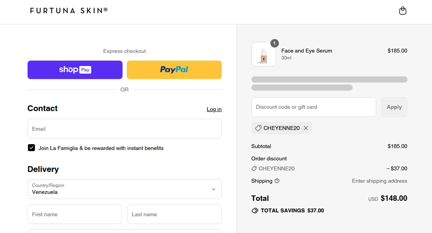 Furtuna Skin discount code screenshot showing code cheyenne20 applied at Furtuna Skin checkout page. Uploaded by SimplyCodes community member CRYSTALSUICINE on Aug 7, 2025